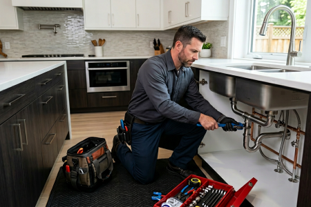 kitchen plumber repairing a modern sink
